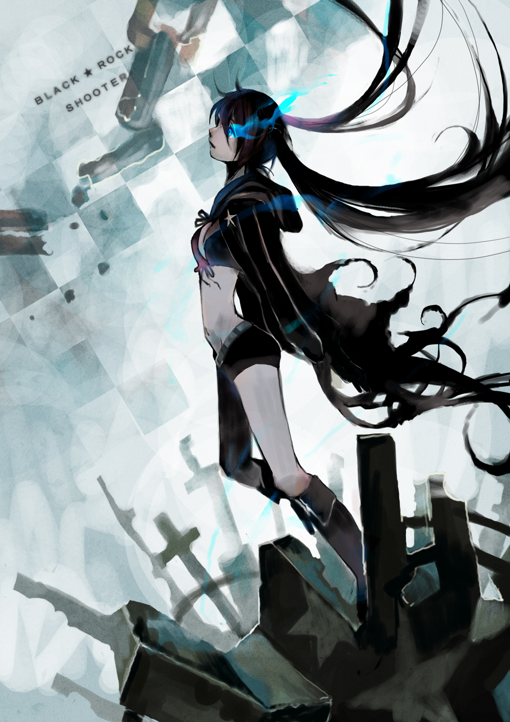 kotetsu (popeethe), black rock shooter (character), black rock shooter, bad id, bad pixiv id, highres, 10s, 1girl, black hair, blue eyes, chain, female focus, navel, solo, twintails
