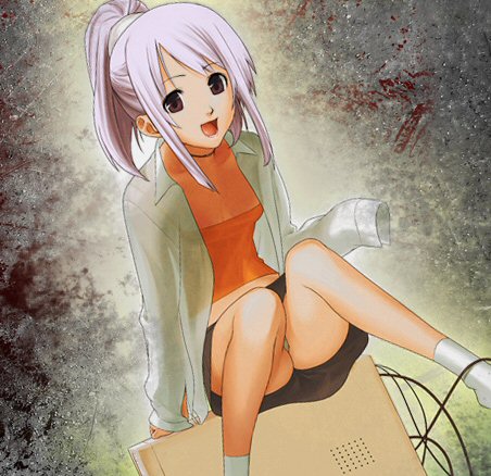 mimi (mnemosyne), mnemosyne, lowres, 00s, 1girl, cable, dress shirt, female focus, midriff, panties, pantyshot, ponytail, shirt, sitting, skirt, smile, solo, underwear
