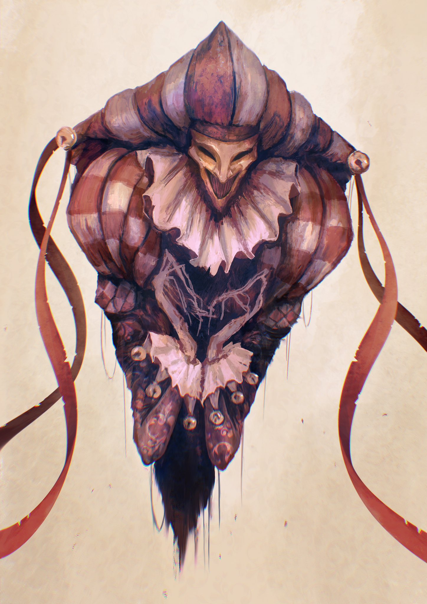 alexandre chaudret, original, highres, oil painting (medium), painting (medium), traditional media, evil grin, evil smile, frilled sleeves, frills, grin, hat, hat bell, jester, jester cap, monster boy, ribbon, simple background, smile, upper body