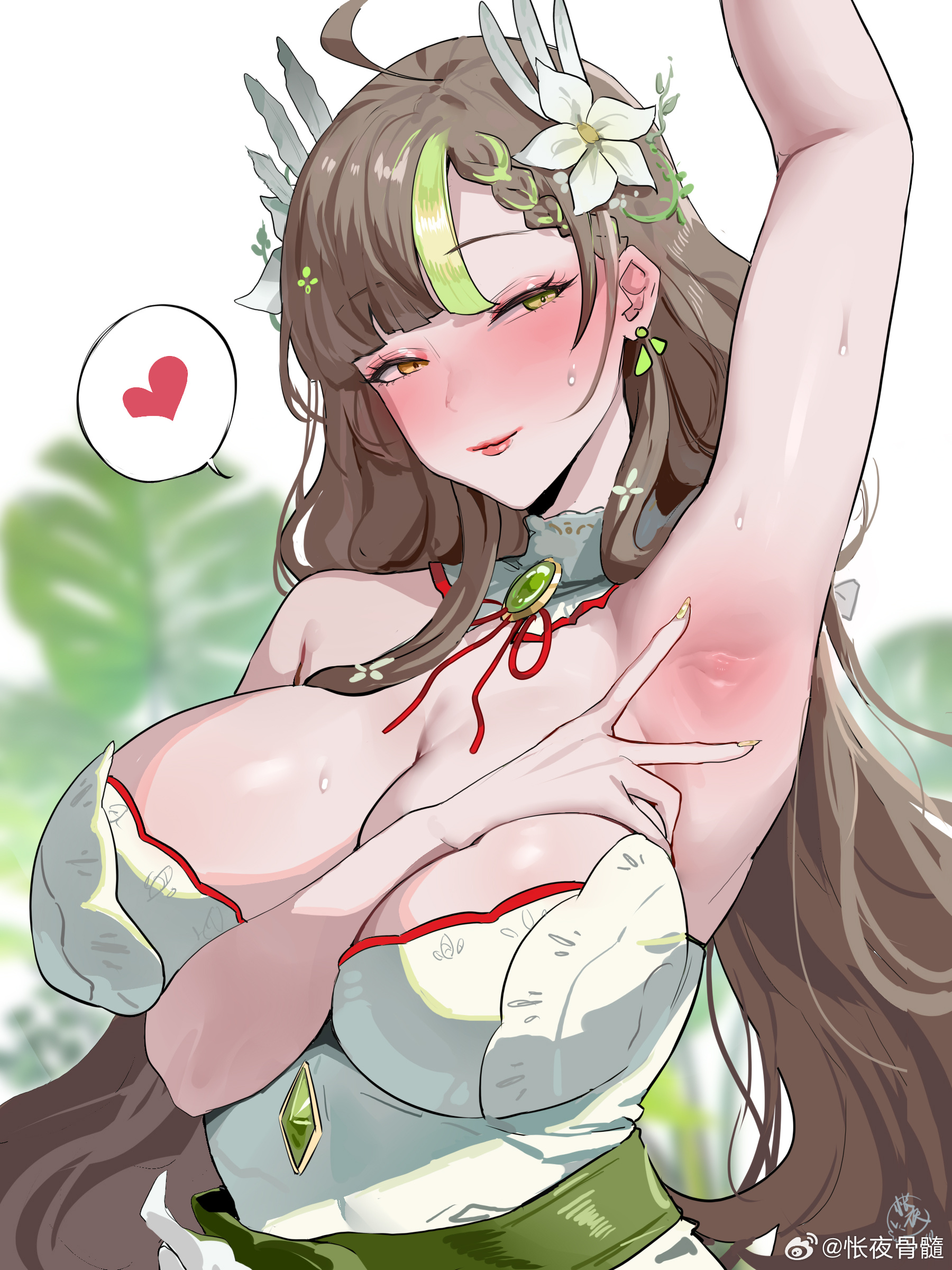 indie virtual youtuber, absurdres, highres, 1girl, armpits, bare shoulders, blush, breasts, brown hair, cleavage, closed mouth, dress, earrings, eyeshadow, fingernails, flower, gem, green dress, green gemstone, hair flower, hair ornament, half-closed eyes, heart, huge breasts, jewelry, kuook, long hair, makeup, mature female, pink eyeshadow, pink lips, seductive smile, shiny skin, smile, spoken heart, strapless, strapless dress, sweat, upper body, white dress, yellow eyes