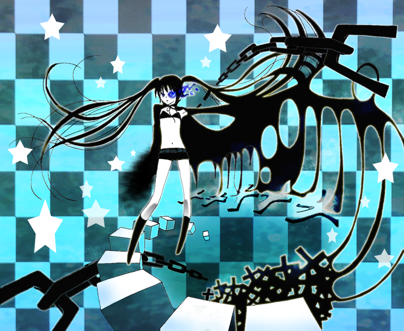tatsuta (pixiv), black rock shooter (character), hatsune miku, black rock shooter, vocaloid, bad id, bad pixiv id, 10s, black hair, chain, midriff, navel, solo, twintails
