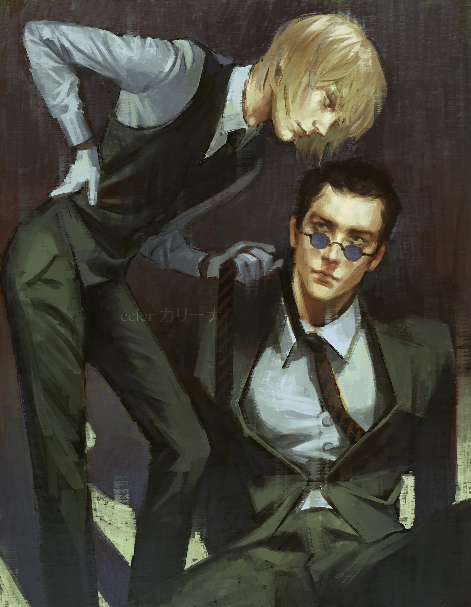 ecler ecler, kurapika, leorio paladiknight, hunter x hunter, highres, 2boys, arched back, black hair, black necktie, black suit, black vest, blonde hair, brown eyes, clothes grab, feet out of frame, formal clothes, glasses, gloves, hand on own hip, looking at another, male focus, multiple boys, necktie, necktie grab, neckwear grab, on ground, painterly, shadow, shirt, short hair, sitting, suit, vest, white gloves, white shirt