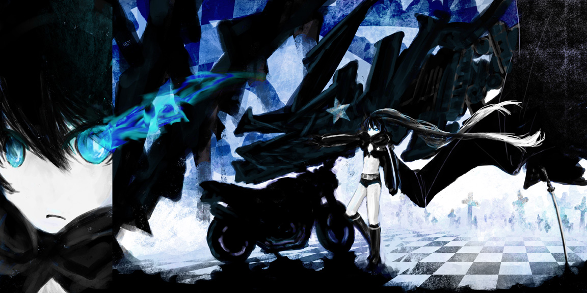 mashiton, black rock shooter (character), hatsune miku, black rock shooter, vocaloid, vehicle, 10s, black hair, blue eyes, midriff, motor vehicle, motorcycle, navel, solo