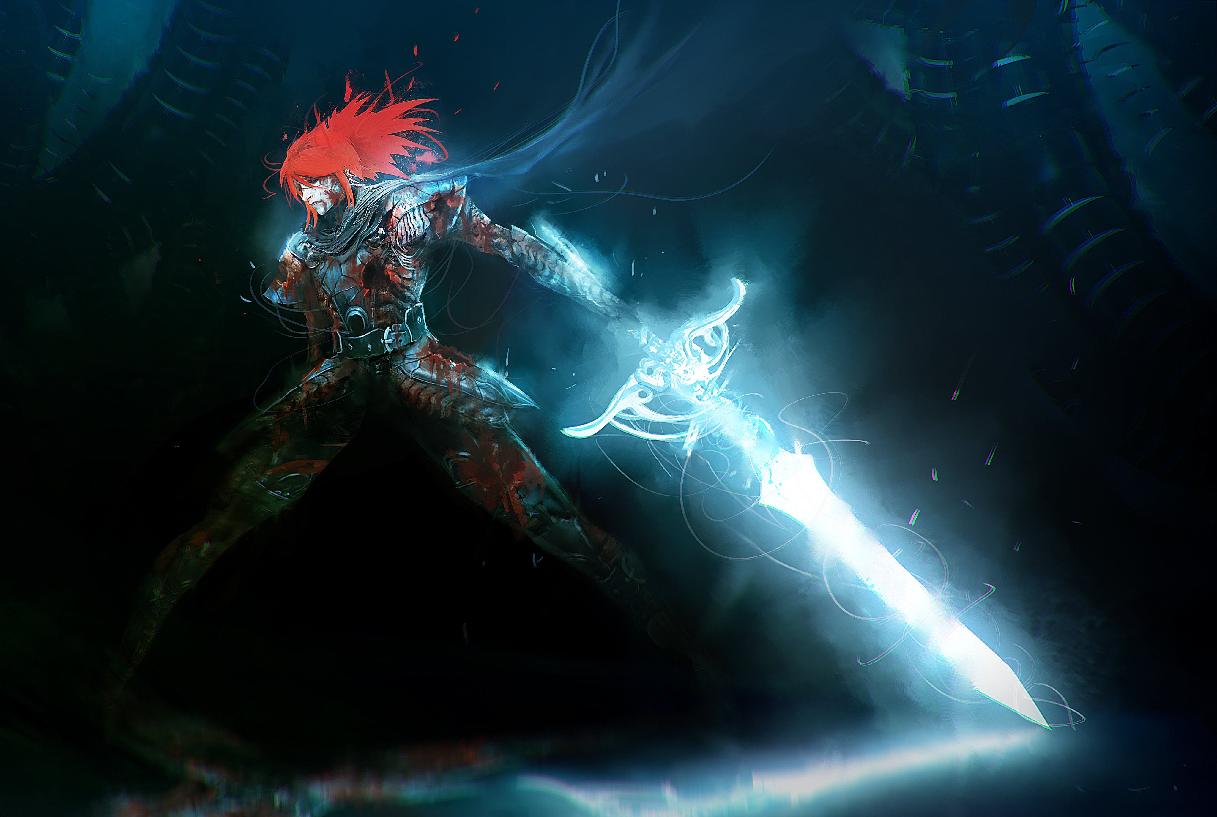 alexandre chaudret, original, absurdres, highres, 1girl, armor, blood, colored skin, energy sword, full body, holding, holding sword, holding weapon, hole in chest, hole on body, injury, lily (seeds), medium hair, power cord, red hair, seeds (game), standing, sword, weapon, white skin