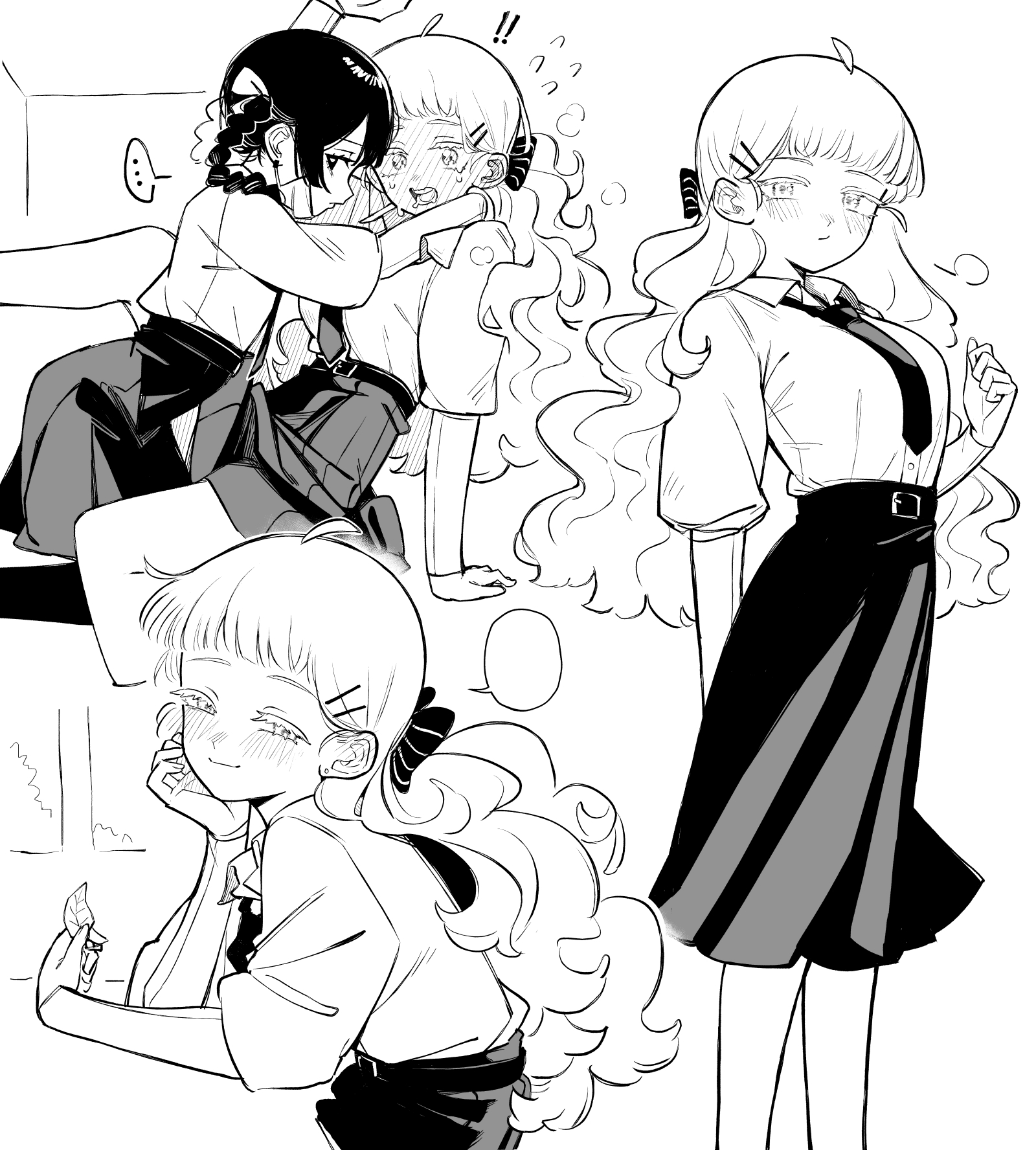 num (angrynum), original, braided twintails, fluffy hair, commentary, highres, symbol-only commentary, !, !!, …, 2girls, arm support, belt, black hair, blush, braid, closed mouth, collared shirt, earrings, embarrassed, feet out of frame, full-face blush, greyscale, hair ornament, hairclip, hand on own chin, holding, holding leaf, jewelry, leaf, looking at viewer, looking back, monochrome, multiple girls, multiple views, narrowed eyes, necktie, open mouth, shirt, sitting, skirt, spoken ellipsis, yuri