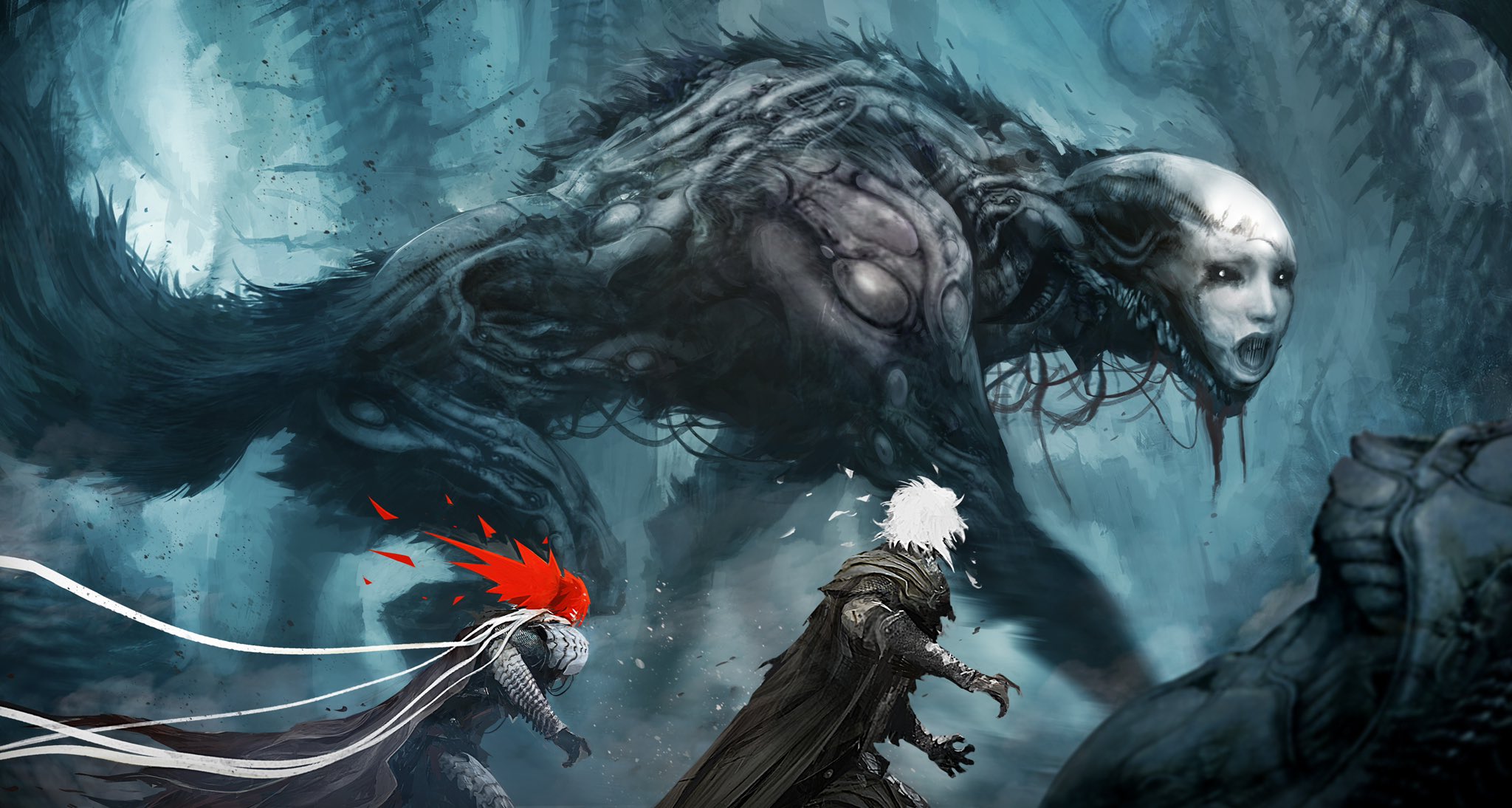 alexandre chaudret, original, highres, 1boy, 1girl, armor, biopunk, cape, chilk (seeds), colored skin, giant, giant monster, lily (seeds), medium hair, monster, red hair, seeds (game), short hair, spiked hair, white hair, white skin