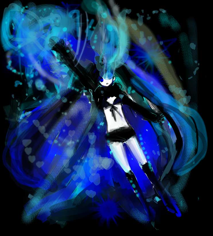 gyuunyuu, kazu (gyuunyuu tarou), black rock shooter (character), hatsune miku, black rock shooter, vocaloid, 10s, 1girl, black hair, blue eyes, female focus, full body, midriff, navel, solo, twintails