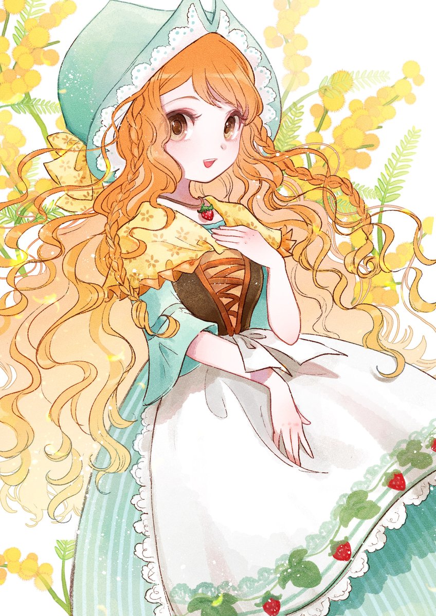 ebi (shrimp0905), bokujou monogatari, 1girl, apron, bokujou monogatari: youkoso! kaze no bazaar e, braid, brown eyes, capelet, cowboy shot, cross-laced clothes, cross-laced top, dress, floral background, floral print, food print, fruit print, green dress, green hat, hand on own chest, hat, jewelry, long hair, necklace, orange hair, solo, sophie (bokujou monogatari), strawberry necklace, strawberry print, striped clothes, striped dress, vertical-striped clothes, vertical-striped dress, very long hair, wavy hair, white apron, wide sleeves, yellow capelet