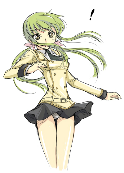 mizunomoto, c.c., code geass, !, 00s, green hair, necktie, panties, pantyshot, school uniform, serafuku, solo, surprised, thigh gap, thighs, underwear, wind, wind lift