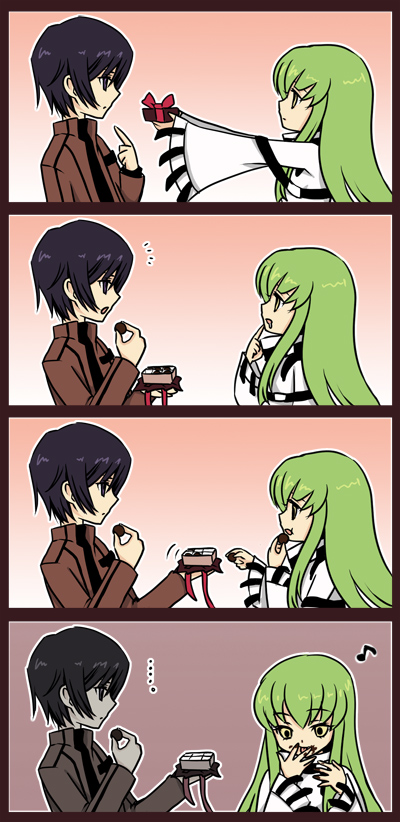 mizunomoto, c.c., lelouch vi britannia, code geass, 00s, 1boy, 1girl, 4koma, black hair, bow, chocolate, comic, green hair, jacket, long hair, long sleeves, musical note, open mouth, purple eyes, ribbon, short hair, sidelocks, silent comic, straitjacket, valentine, yellow eyes