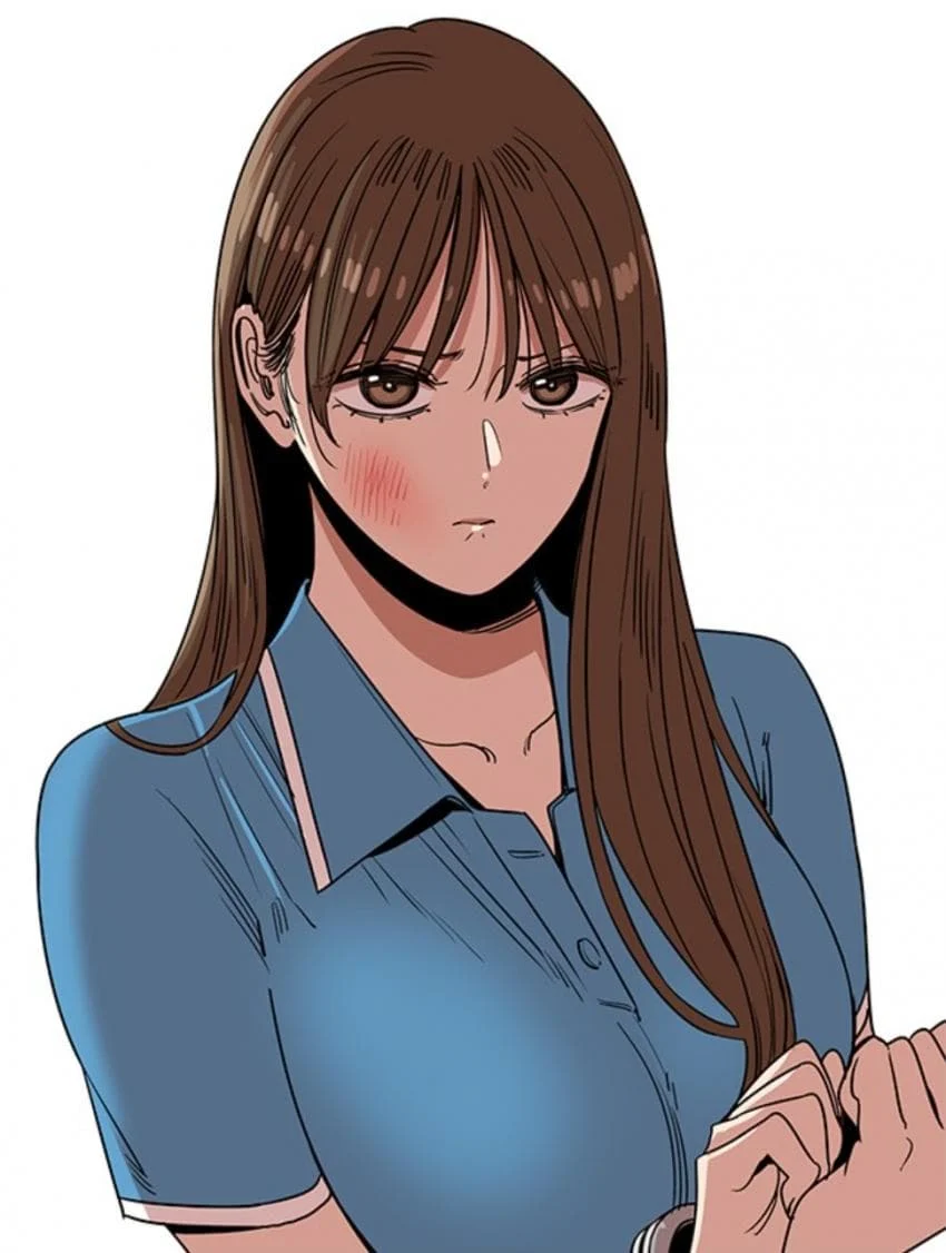 jung su-a, beautiful gunbari, non-web source, 1girl, blue shirt, brown eyes, brown hair, glaring, long hair, shirt, slap mark, slap mark on face, v-shaped eyebrows, white background, yoon sungwon