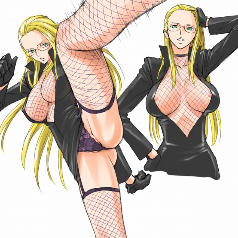 mosha, kalifa (one piece), one piece, fishnet legwear, 1girl, arm up, blonde hair, breasts, cleavage, female focus, fishnet top, fishnets, glasses, gloves, green eyes, hand on own hip, kicking, leg up, long hair, nipples, panties, simple background, solo, underwear