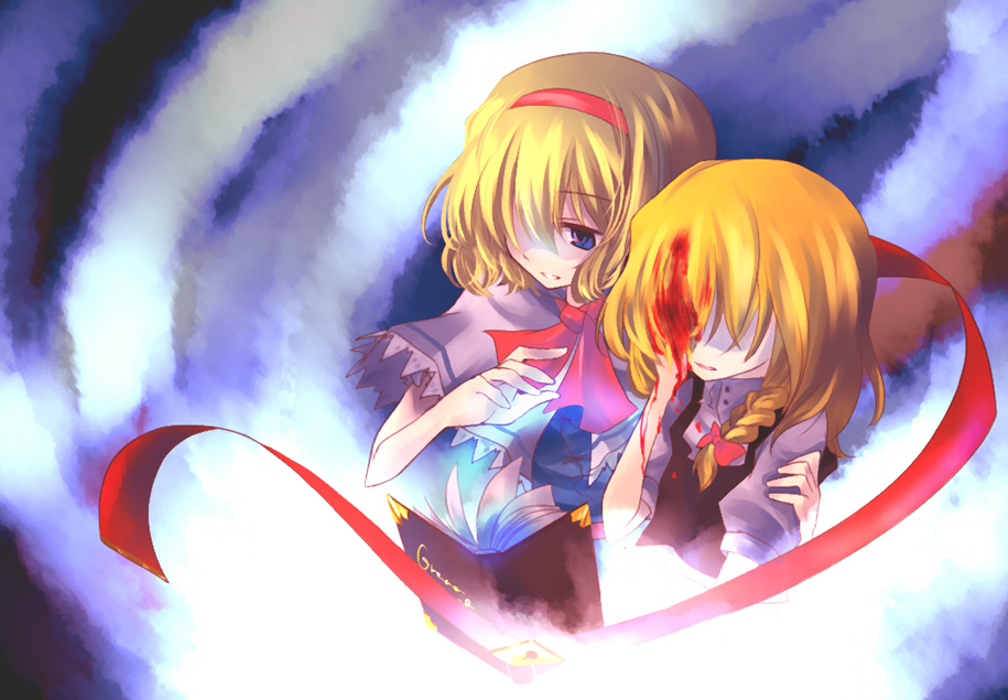 myama, alice margatroid, kirisame marisa, touhou, 2girls, bleeding, blonde hair, blood, blue eyes, book, female focus, grimoire, grimoire of alice, hairband, injury, multiple girls, upper body