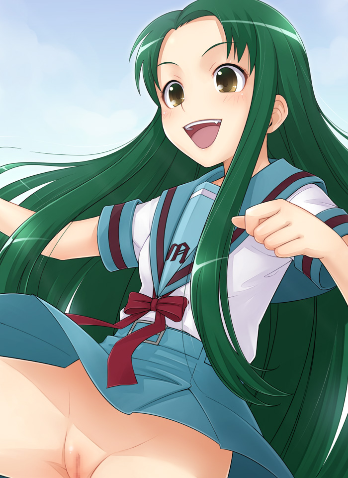 ha-ru, tsuruya, suzumiya haruhi no yuuutsu, bad id, bad pixiv id, 00s, 1girl, brown eyes, censored, fang, female focus, green hair, long hair, no panties, pussy, school uniform, serafuku, skirt, solo, very long hair, wind, wind lift