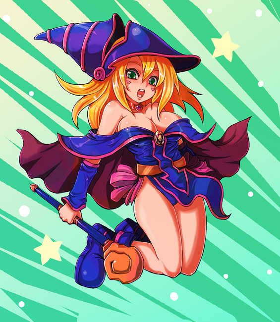 kara (color), dark magician girl, yu-gi-oh!, yu-gi-oh! duel monsters, 1girl, bare shoulders, blonde hair, blue boots, boots, breasts, cape, cleavage, duel monster, female focus, green background, green eyes, helm, helmet, jumping, large breasts, pentacle, solo, staff, underboob