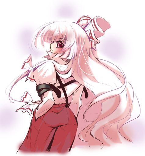 usoneko, fujiwara no mokou, touhou, 1girl, female focus, gradient background, hair ribbon, long hair, pants, ribbon, solo, standing, suspenders, very long hair, white background, white hair