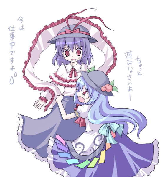 miyoshi, hinanawi tenshi, nagae iku, touhou, translated, 2girls, blue hair, female focus, food, fruit, leaf, multiple girls, peach, purple hair, red eyes, shawl, standing, white background