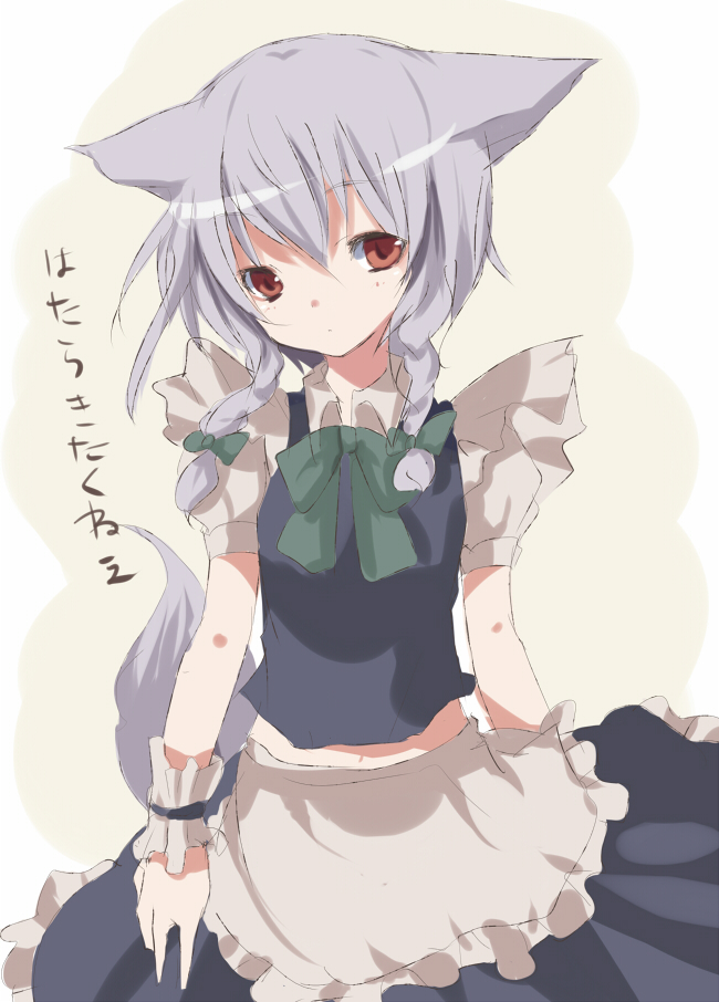 tetsuo (tashirosu), inu sakuya (nejikirio), izayoi sakuya, touhou, silver hair, translated, 1girl, animal ears, braid, dog ears, dog tail, female focus, kemonomimi mode, maid, red eyes, solo, tail, wrist cuffs