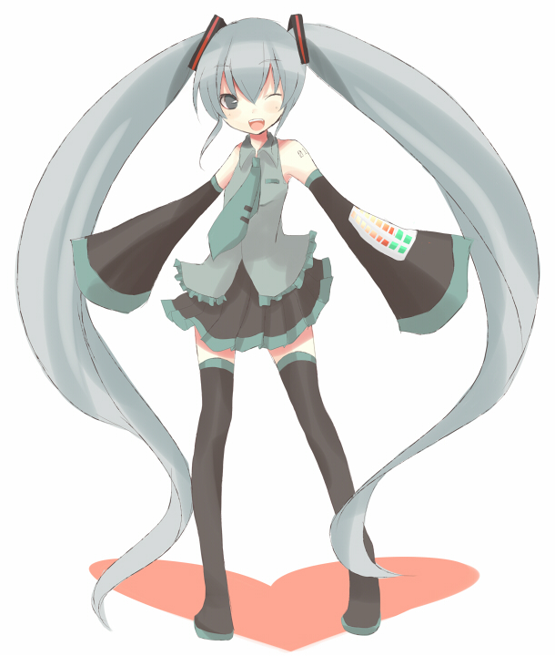 tetsuo (tashirosu), hatsune miku, vocaloid, 1girl, aqua hair, female focus, long hair, solo, thighhighs, twintails, very long hair