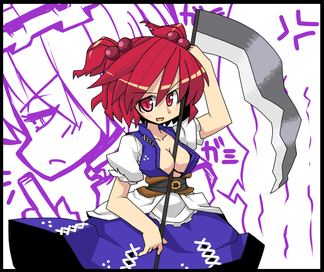 onozuka komachi, shiki eiki, touhou, 1girl, :d, ^^^, between breasts, blush, breasts, cleavage, collarbone, cowboy shot, female focus, frills, hair bobbles, hair ornament, hat, index finger raised, japanese clothes, kimono, large breasts, looking at viewer, mob cap, o-ring, obi, open mouth, profile, red eyes, red hair, sash, scythe, smile, solo focus, twintails, two side up