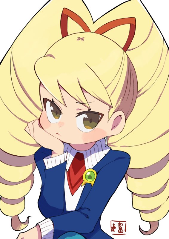 miyata (lhr), luna platz (mega man), mega man (series), mega man star force (series), 1girl, :/, blonde hair, drill hair, green eyes, head rest, jacket, long hair, looking at viewer, solo, twin drills, upper body
