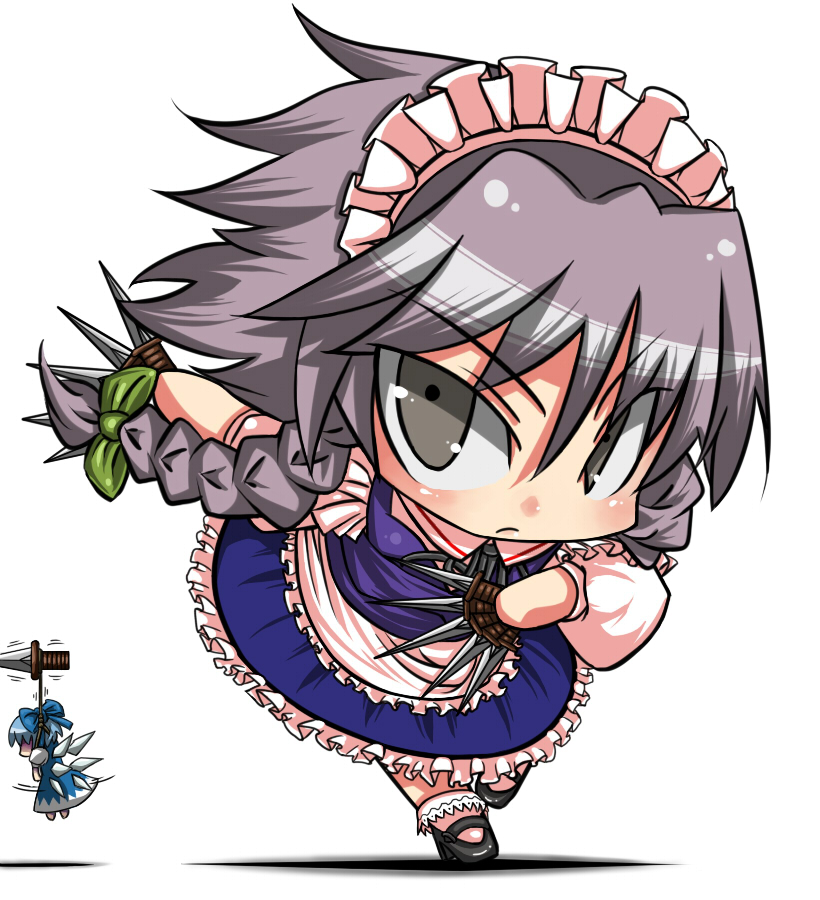 tai takeshi, cirno, izayoi sakuya, embodiment of scarlet devil, touhou, bad id, bad pixiv id, 2girls, between fingers, blue hair, chibi, death, female focus, holding, knife, maid, multiple girls, noose, ribbon, short hair, throwing knife, weapon, wings
