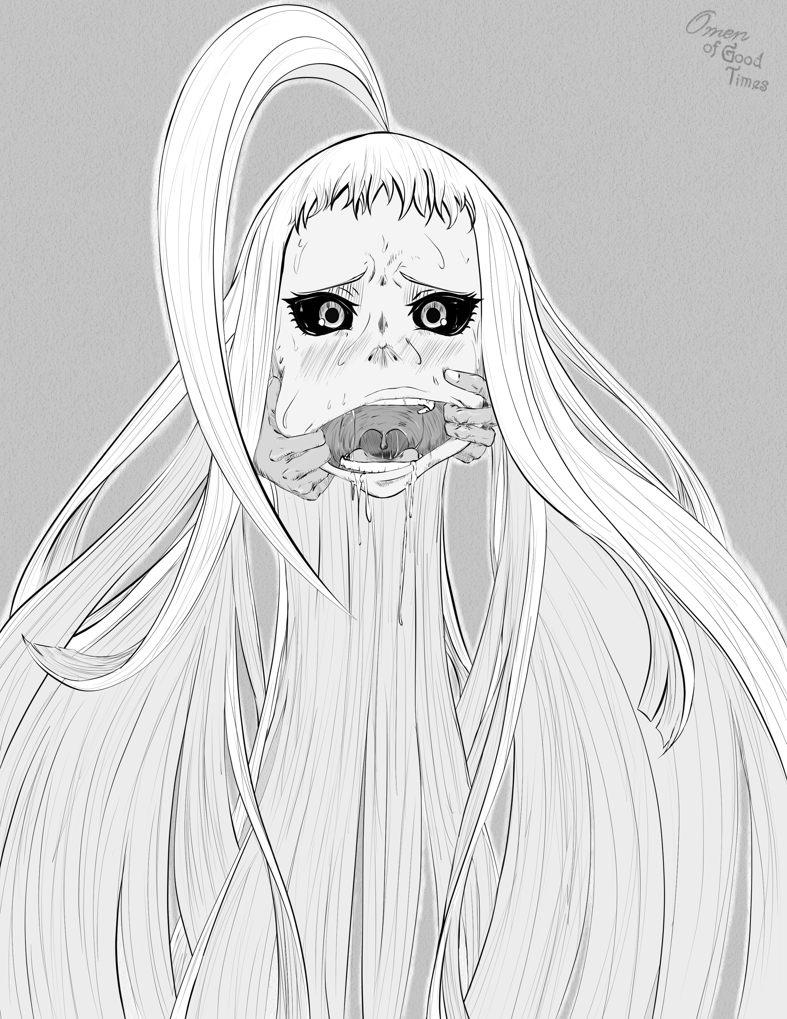 lala (monster musume), monster musume no iru nichijou, absurdres, highres, non-web source, greyscale, monochrome, open mouth, saliva