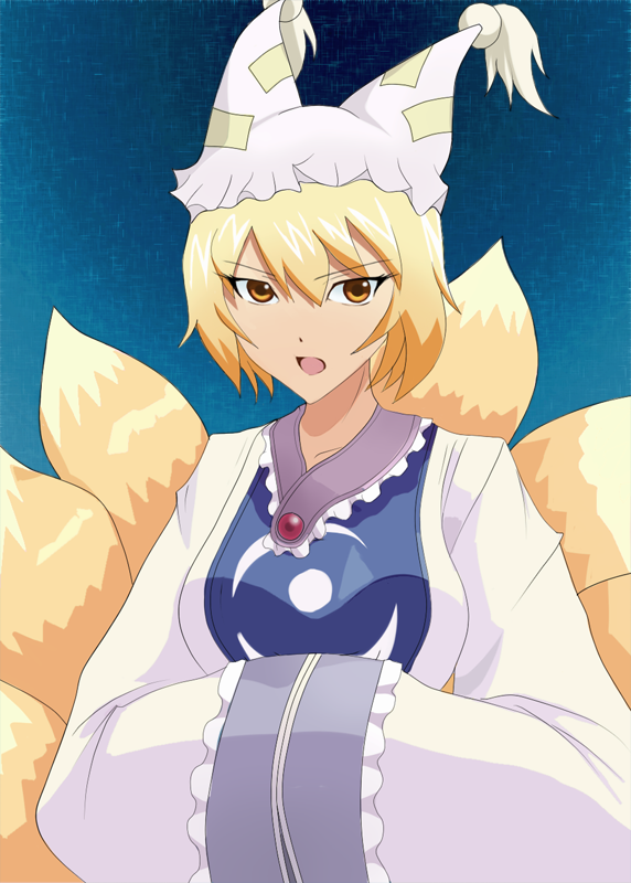 greave (asterism), guriivu, yakumo ran, touhou, 1girl, animal ears, animal hat, blonde hair, blue background, female focus, fox ears, fox tail, hands in opposite sleeves, hat, long sleeves, mob cap, short hair, solo, tail, tassel, wide sleeves