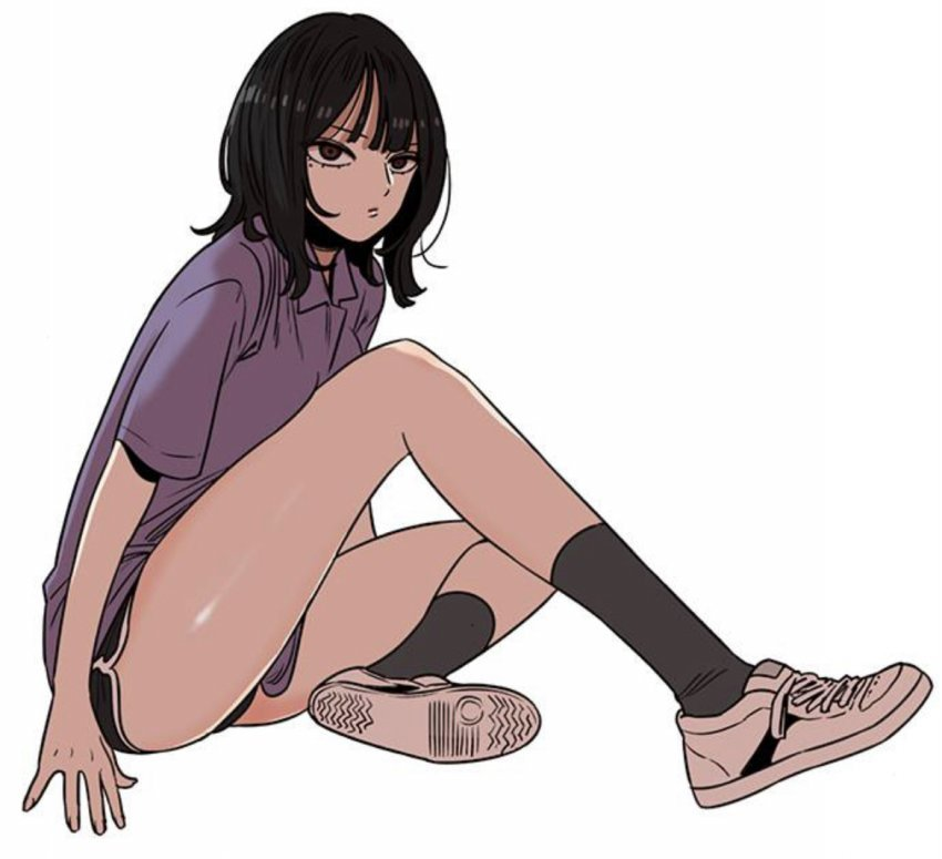 im-dana, beautiful gunbari, non-web source, 1girl, black hair, dolphin shorts, grey socks, looking at viewer, purple shirt, shirt, shoes, shorts, sitting, socks, white background, white shoes, yoon sungwon
