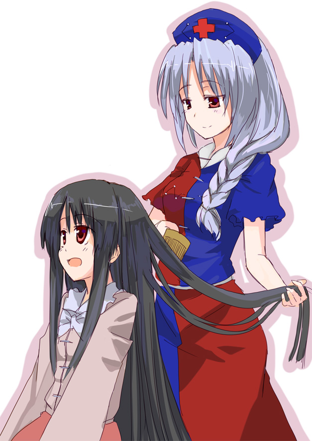 gotyou, houraisan kaguya, yagokoro eirin, touhou, bad id, bad pixiv id, 2girls, black hair, brushing hair, comb, female focus, hat, long hair, multiple girls, ribbon, white hair