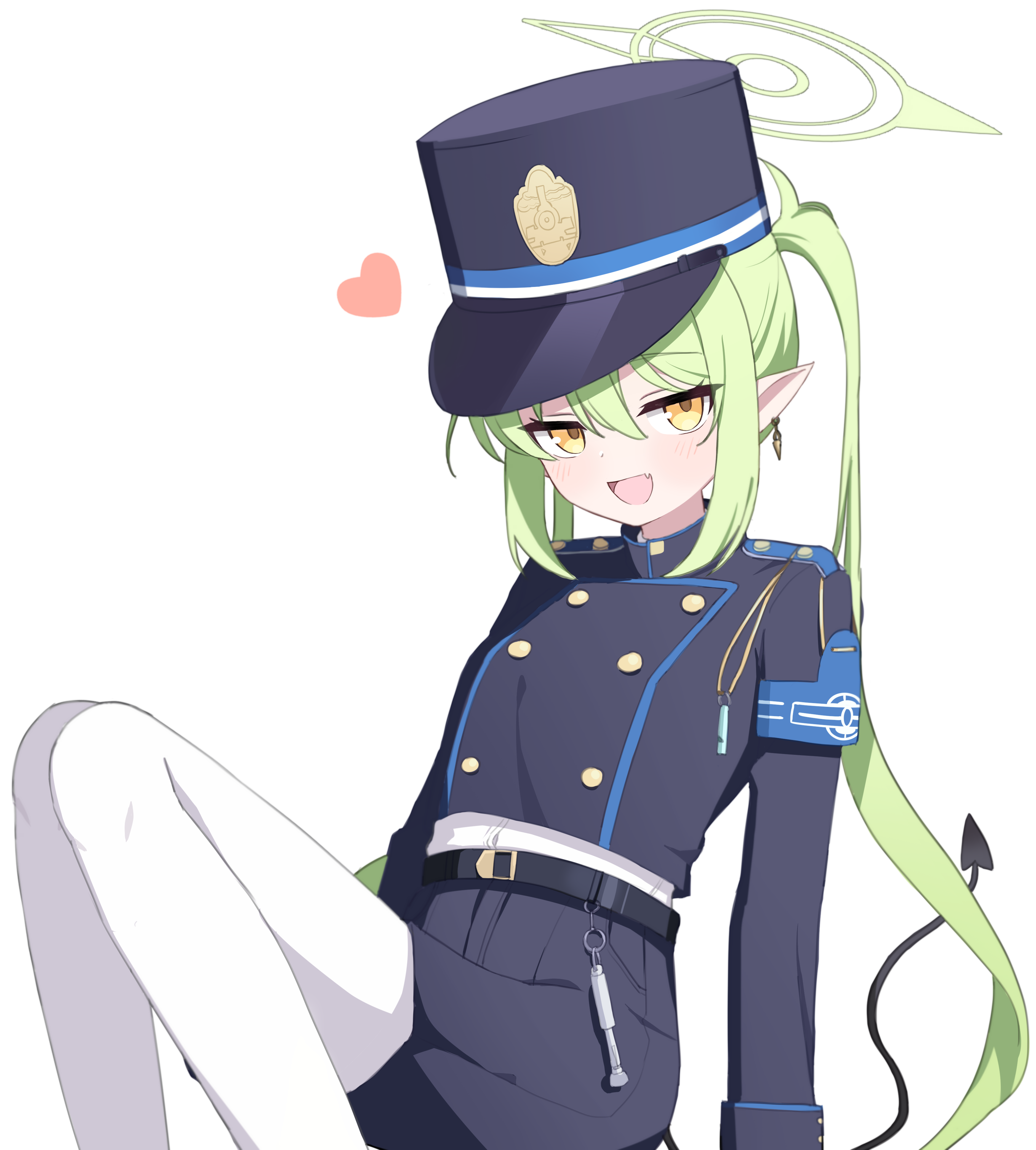 sprout (haji s), nozomi (blue archive), blue archive, absurdres, commentary request, highres, 1girl, :d, black hat, black jacket, black shorts, blush, demon tail, fang, feet out of frame, green hair, hair between eyes, halo, hat, heart, jacket, knees up, long hair, open mouth, pantyhose, pantyhose under shorts, pointy ears, shako cap, short shorts, shorts, simple background, sitting, smile, solo, tail, twintails, very long hair, white background, white pantyhose, yellow eyes