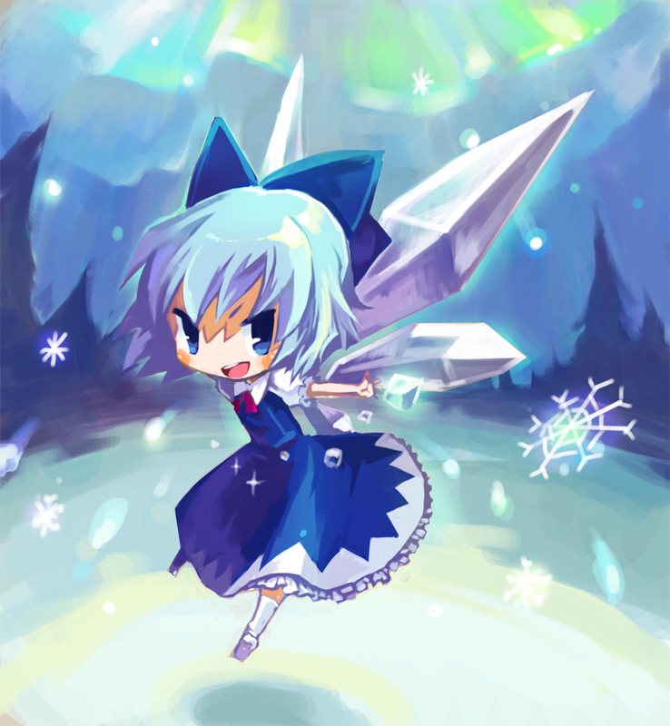 gin (oyoyo), cirno, perfect cherry blossom, touhou, 1girl, blue eyes, blue hair, blue theme, bow, chibi, female focus, ice, matching hair/eyes, short hair, snowflakes, solo