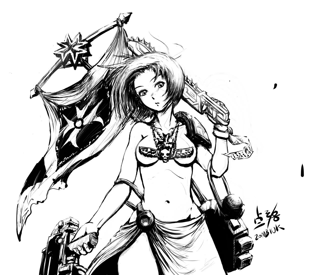zombiuk, adeptus astartes, black templar, black templars, warhammer 40k, self-upload, 1girl, armor, bolter, breasts, chainsword, female focus, greyscale, heresy, jewelry, korean text, monochrome, necklace, revealing clothes, scar, short hair, solo, underboob, weapon