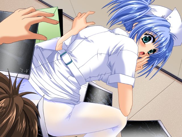 game cg, 1girl, blue eyes, blue hair, blush, looking back, nurse, panties, panties under pantyhose, pantyhose, short twintails, sitting, sitting on face, sitting on person, solo focus, twintails, underwear, white pantyhose