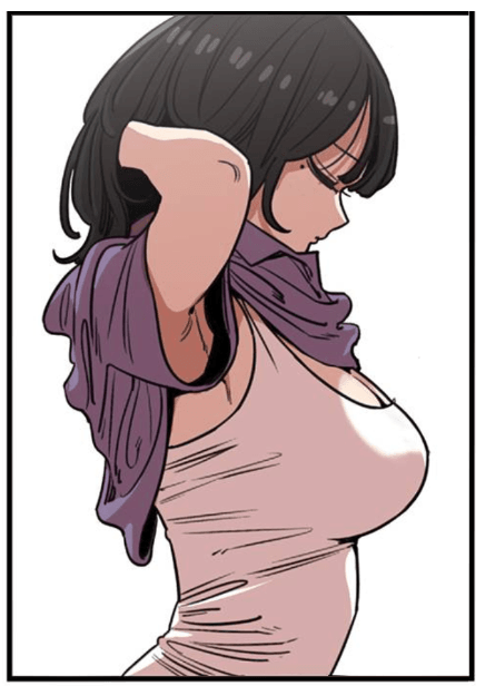 im-dana, beautiful gunbari, non-web source, 1girl, armpits, black hair, closed eyes, from side, mole, mole under eye, tank top, undressing, white background, white tank top, yoon sungwon