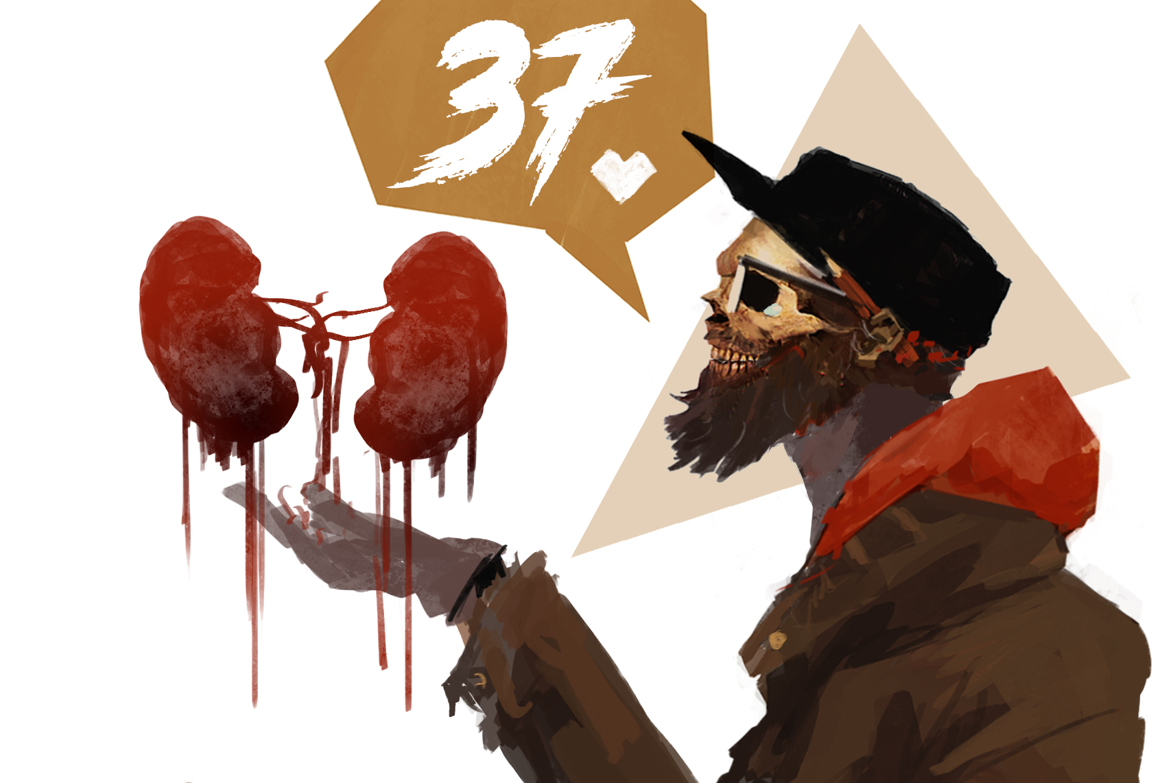 alexandre chaudret, original, highres, 1boy, beard, birthday, black hat, bleeding, blood, facial hair, glasses, gloves, hat, heart, hood, hood down, kidney, male focus, pencil behind ear, self-portrait, simple background, solo, speech bubble, teeth, triangle, upper body, white background