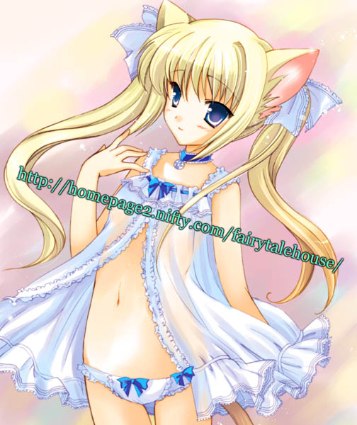 amou mari, original, 1girl, animal ears, blonde hair, blue eyes, cat ears, cat tail, female focus, lingerie, long hair, panties, solo, tail, twintails, underwear