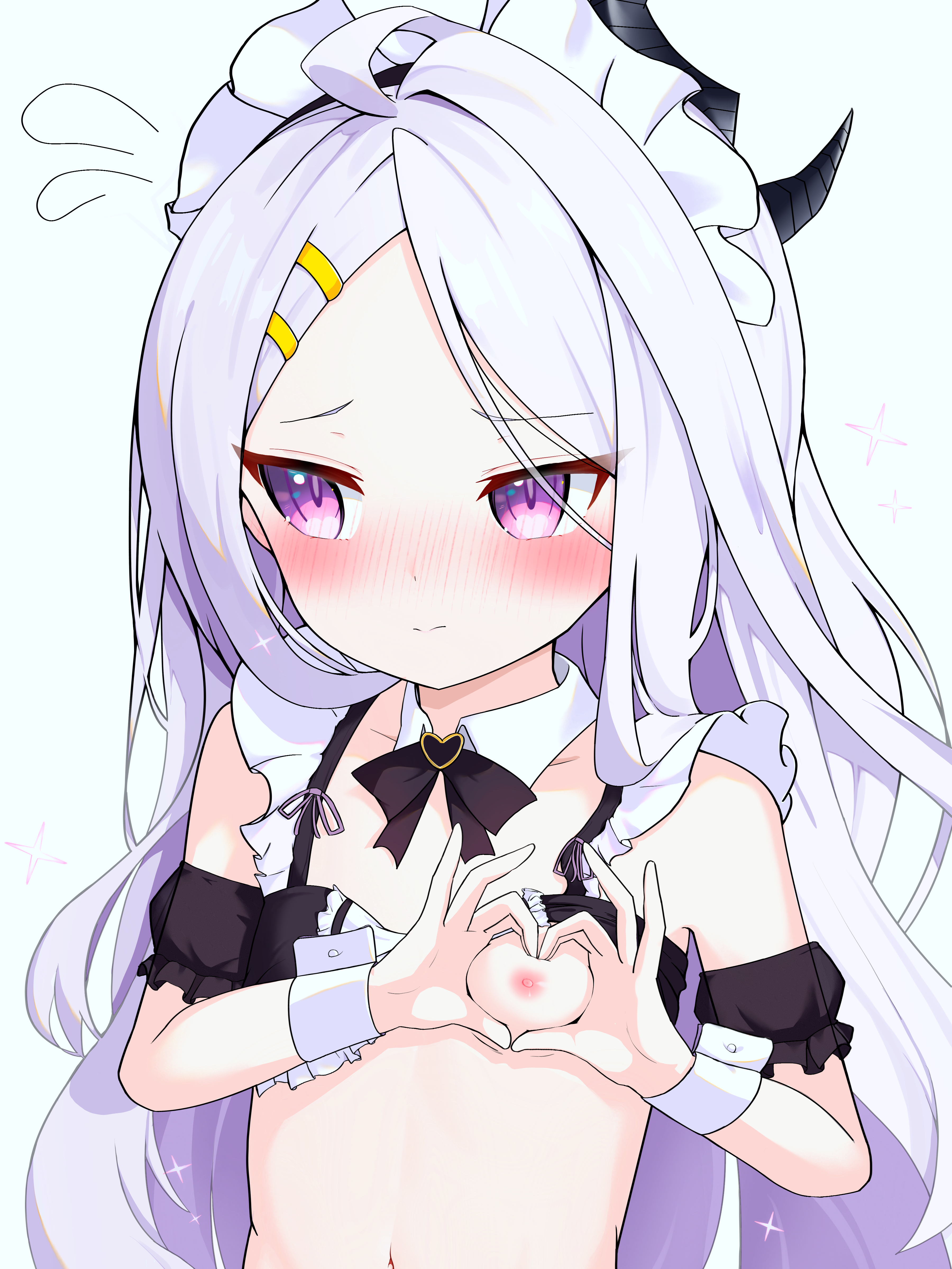 old cat (utsn8488), hina (blue archive), blue archive, absurdres, highres, 1girl, ahoge, blush, breasts, demon girl, demon horns, horns, long hair, maid, navel, nipples, purple eyes, small breasts, very long hair, white hair
