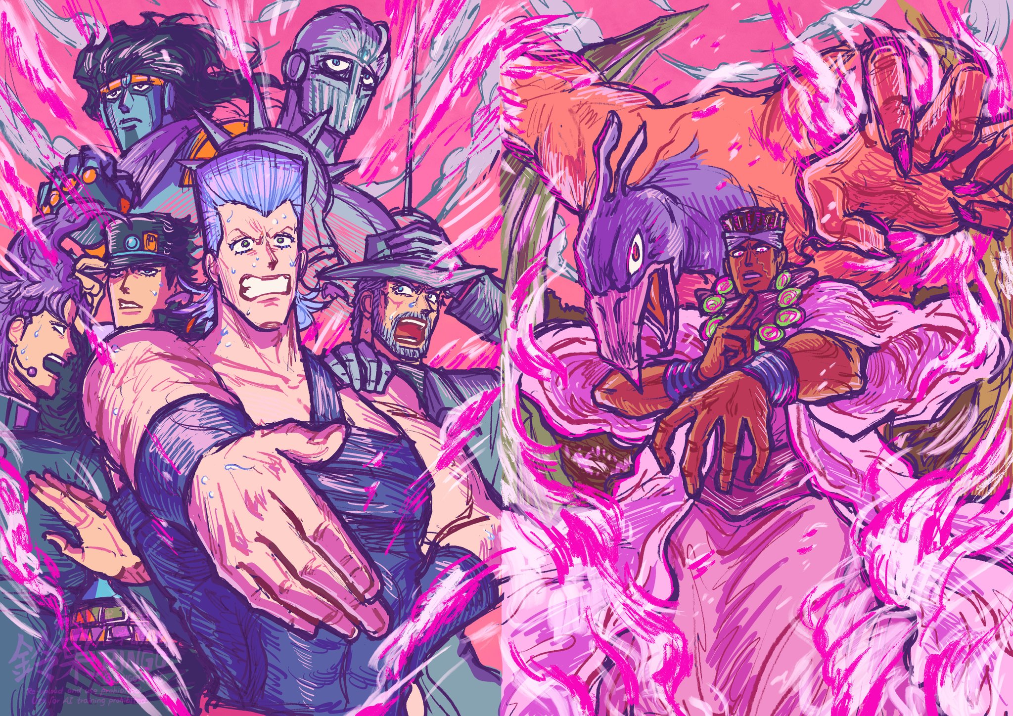 ringodraws, jean pierre polnareff, joseph joestar, joseph joestar (old), kakyoin noriaki, kuujou joutarou, magician's red, mohammed avdol, silver chariot, star platinum, jojo no kimyou na bouken, stardust crusaders, commentary request, highres, 3others, 5boys, beard, black hair, black hat, blue skin, blue tube top, chain, clenched teeth, colored skin, dark-skinned male, dark skin, earrings, facial hair, fire, gakuran, grey hair, grey hat, hat, jewelry, long coat, multiple boys, multiple others, muscular, muscular male, open mouth, peaked cap, pink fire, pink robe, pointing, purple hair, robe, school uniform, spikes, stand (jojo), strapless, teeth, tube top, wristband