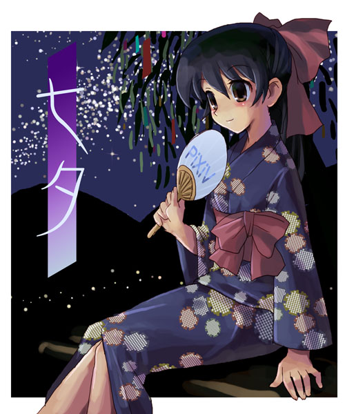 katahira masashi, original, 1girl, black hair, blue kimono, bow, brown eyes, female focus, hair bow, hair ribbon, hand fan, japanese clothes, kimono, long hair, paper fan, ponytail, ribbon, sitting, solo, tanabata, uchiwa, yukata