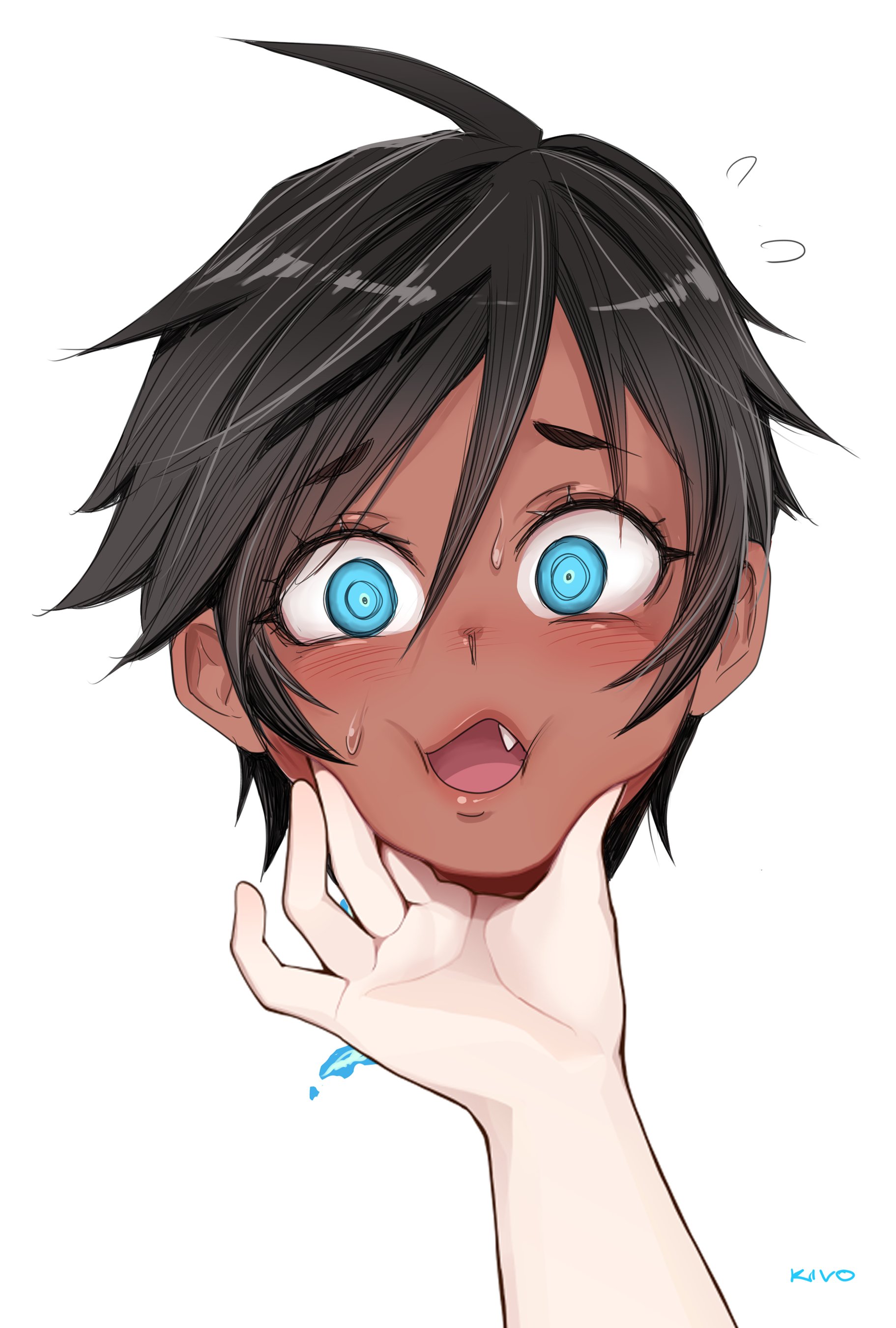 kivo, original, absurdres, highres, 1girl, artist name, black hair, blue eyes, blue fire, blush, cheek squash, dani (kivo), dark-skinned female, dark skin, disembodied head, dullahan, fang, fire, flying sweatdrops, hand on another's chin, holding detached head, looking at viewer, short hair, simple background, sweatdrop, tomboy, white background