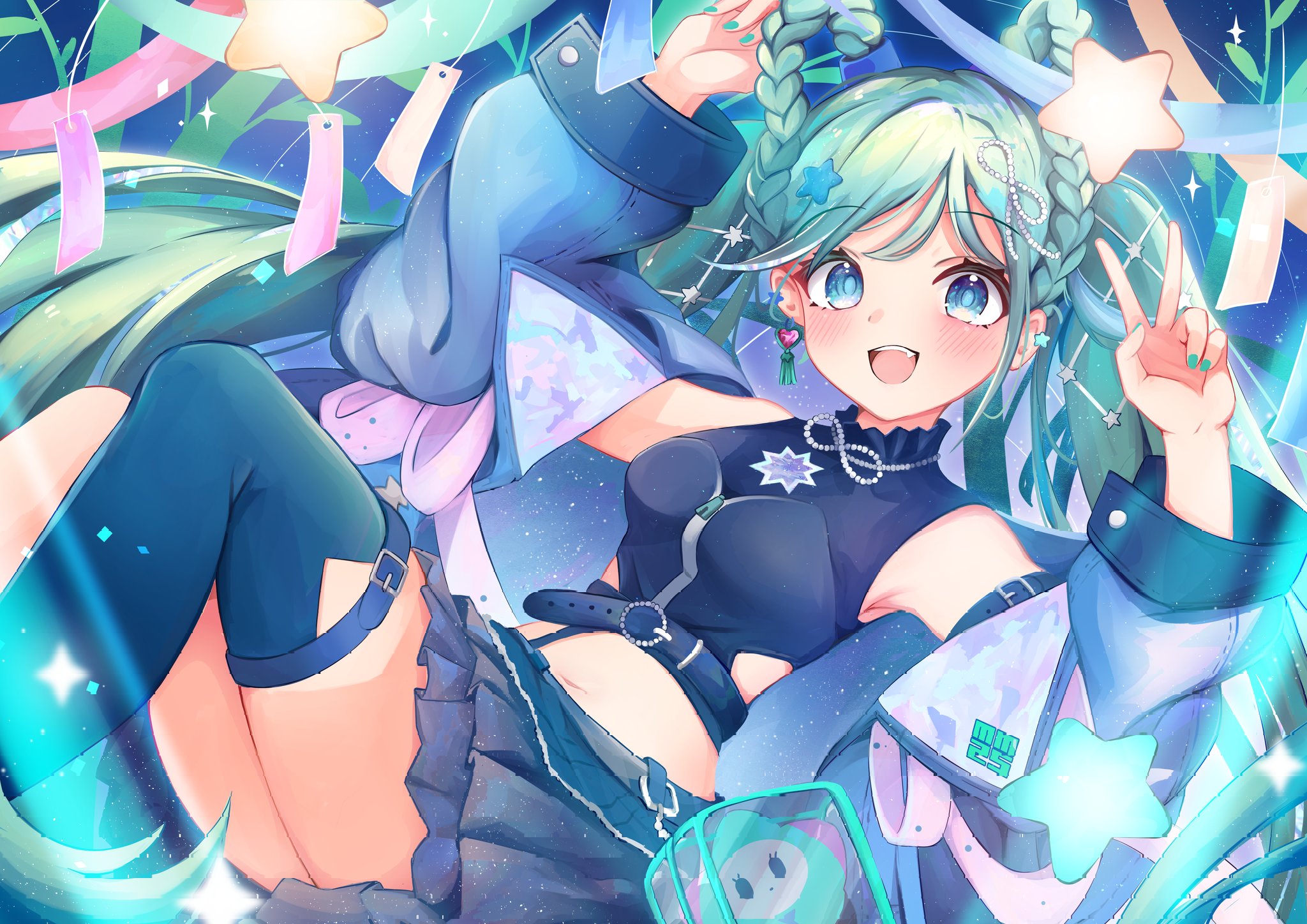 xiaodai lonely, hatsune miku, magical mirai miku, magical mirai miku (2025), magical mirai (vocaloid), highres, 1girl, aqua eyes, aqua hair, blue jacket, blue thighhighs, blush, braid, braided hair rings, crop top, earrings, hair between eyes, hair ornament, hair rings, heart, heart earrings, jacket, jewelry, long hair, looking at viewer, midriff, navel, official alternate costume, official alternate hairstyle, open clothes, open jacket, open mouth, shirt, single earring, single thighhigh, sleeveless, sleeveless shirt, smile, solo, star (symbol), star hair ornament, stomach, tanabata, thick thighs, thighhighs, thighs, twintails, very long hair