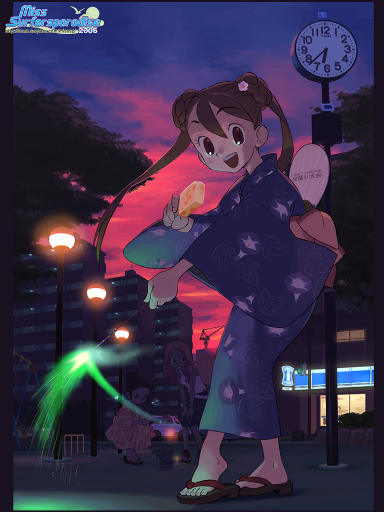 ishikawa hideki, 00s, 1girl, 2005, blue kimono, brown hair, city, clock, evening, feet, female focus, fireworks, flip-flops, food, hand fan, ice cream, japanese clothes, kimono, lamppost, light trail, nail polish, night, no socks, outdoors, paper fan, playground, sandals, senkou hanabi, sky, solo, sparkler, squatting, sunset, toenail polish, toenails, twilight, twintails, uchiwa, yukata