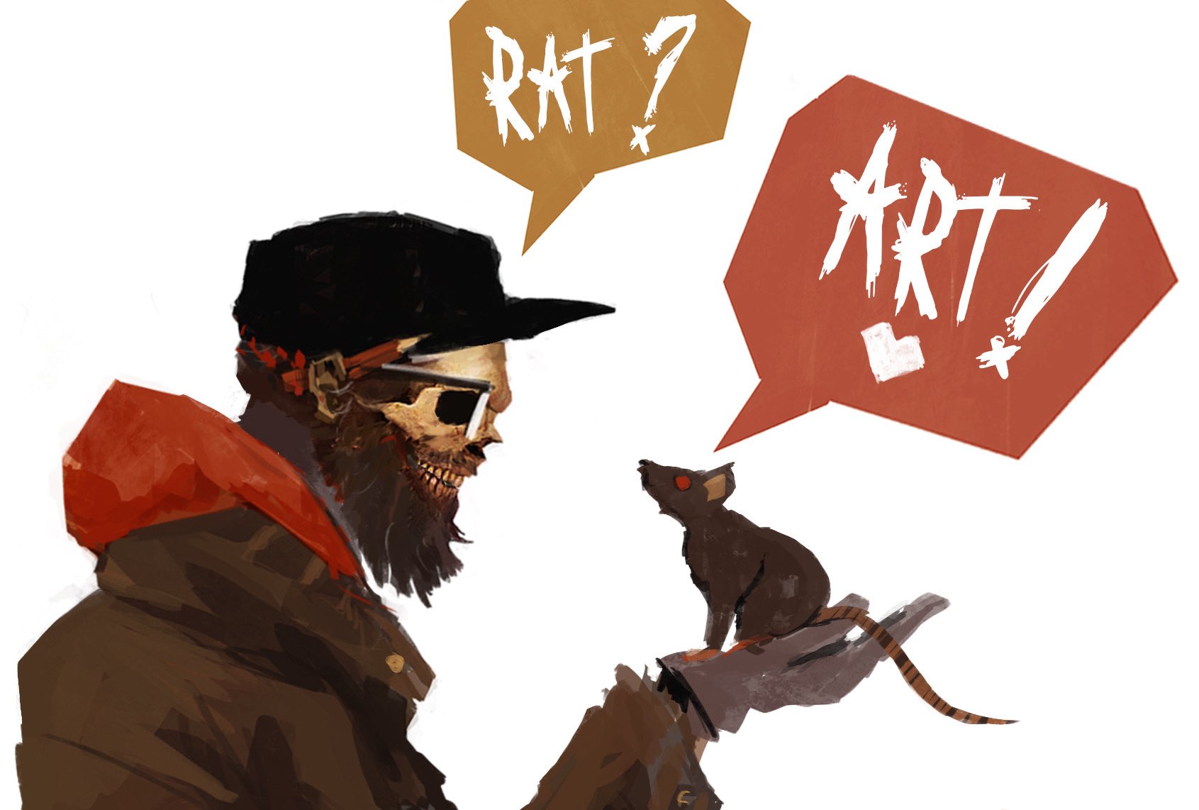 alexandre chaudret, original, highres, !, 1boy, ?, beard, black hat, bleeding, blood, facial hair, glasses, gloves, hat, heart, hood, hood down, male focus, mouse (animal), pencil behind ear, red eyes, self-portrait, simple background, skeleton, solo, speech bubble, teeth, upper body, white background