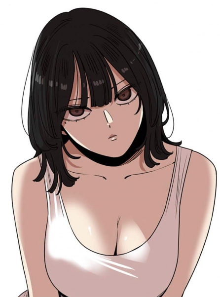 im-dana, beautiful gunbari, non-web source, 1girl, black hair, looking at viewer, mole, mole under eye, portrait, tank top, white background, white tank top, yoon sungwon