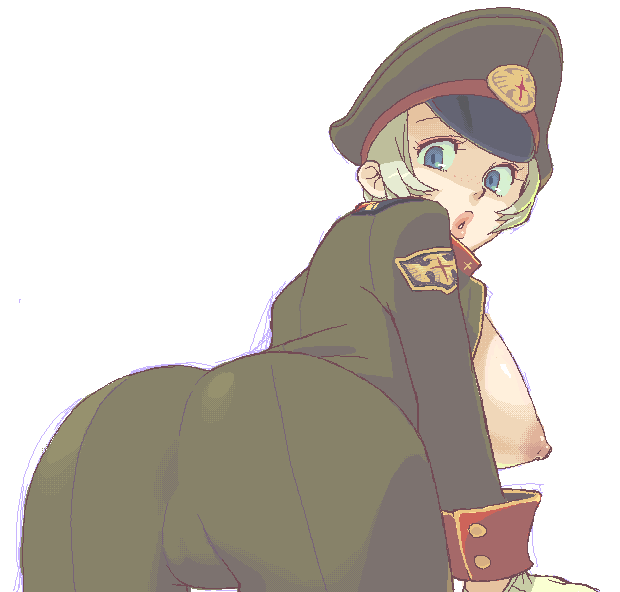 ishikawa hideki, 1girl, ass, bent over, blonde hair, blue eyes, breasts, breasts out, coat, female focus, freckles, hanging breasts, hat, jacket, large breasts, looking back, military, military uniform, nipples, nude, oekaki, open clothes, open coat, open jacket, solo