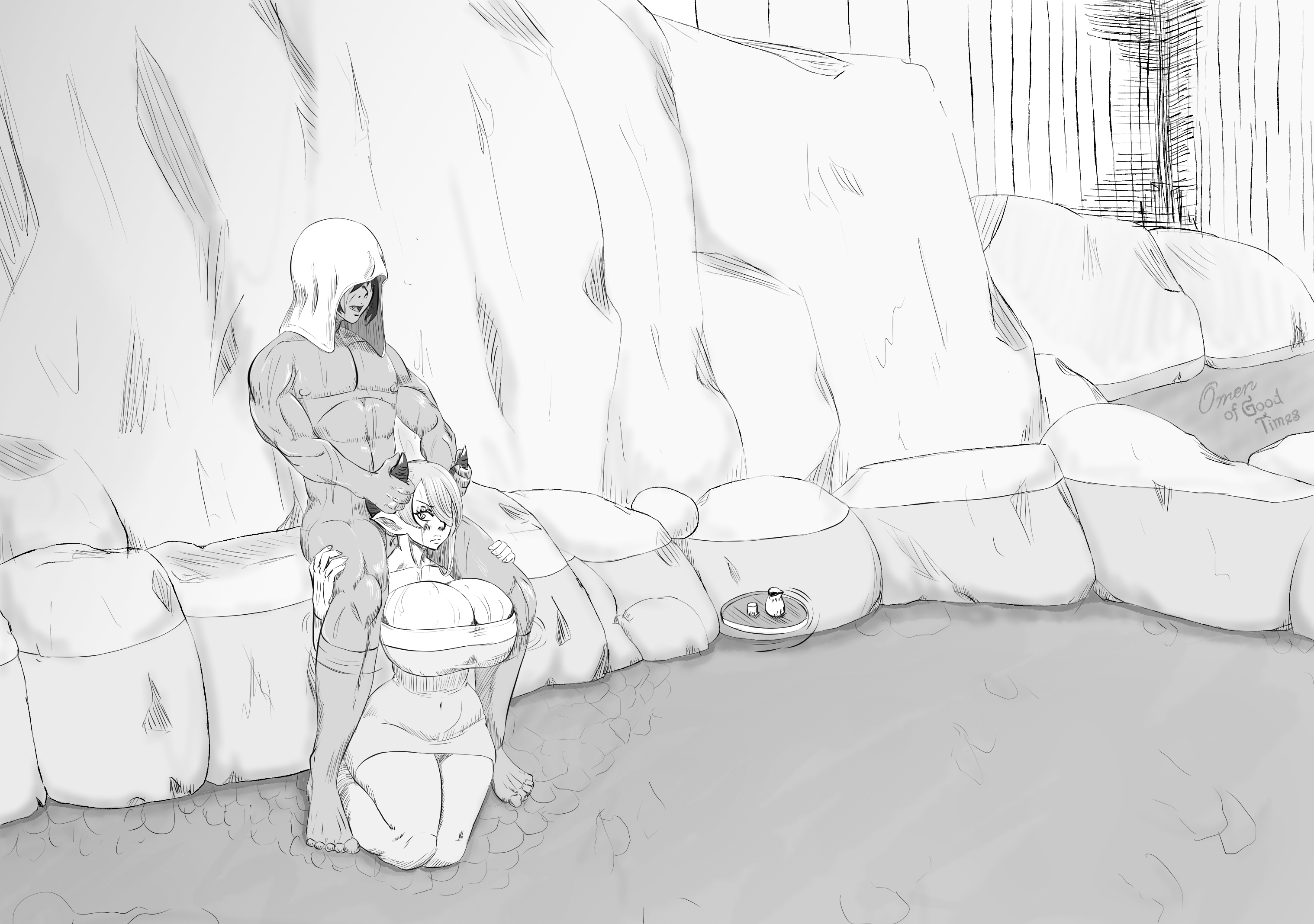 narmaya (granblue fantasy), granblue fantasy, original, highres, non-web source, greyscale, horns, monochrome, onsen, towel