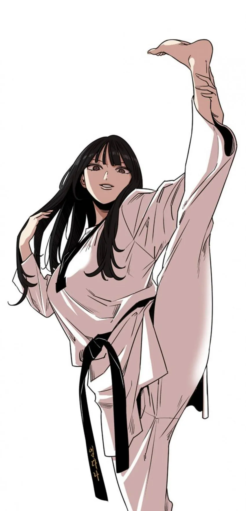 im-dana, beautiful gunbari, highres, non-web source, 1girl, belt, black belt, black hair, dobok, long hair, looking at viewer, standing, standing on one leg, taekwondo, white background, yoon sungwon