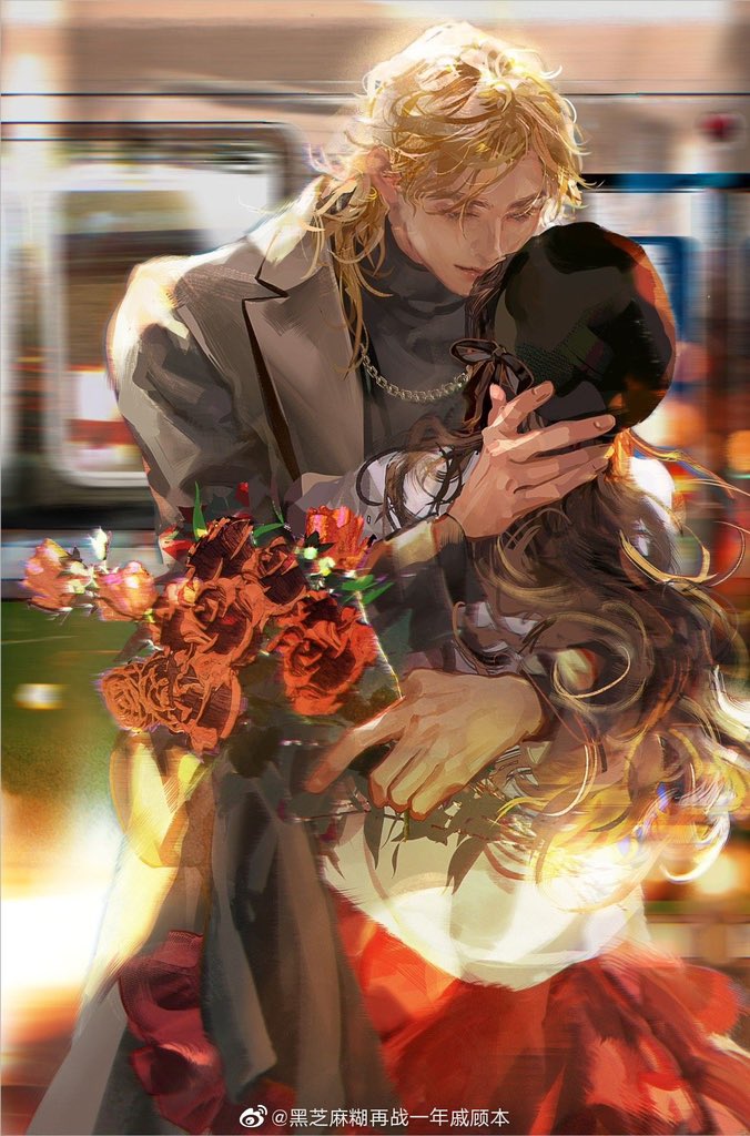 hei zhimahu, heroine (lovebrush chronicles), lars rorschach, lovebrush chronicles, commentary, symbol-only commentary, 1boy, 1girl, beret, black hair, black hat, black shirt, blonde hair, blurry, blurry background, bouquet, cardigan, chain, chain necklace, closed eyes, closed mouth, coat, couple, cowboy shot, facing away, flower, grey coat, hand in another's hair, hat, height difference, hetero, holding, holding bouquet, hug, jewelry, lapels, lips, long hair, long sleeves, medium hair, motion blur, necklace, notched lapels, notice lines, open clothes, open coat, parted bangs, red flower, red rose, red skirt, rose, shirt, skirt, smile, standing, train, train station, turtleneck, turtleneck shirt, watermark, weibo watermark, white cardigan