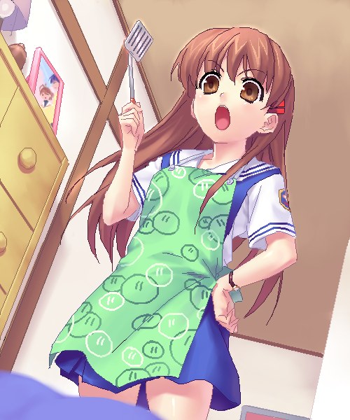 zen, girl from the illusionary world, okazaki ushio, clannad, dango daikazoku, spoilers, 00s, aged up, apron, brown hair, long hair, school uniform, serafuku, solo, watch, wristwatch
